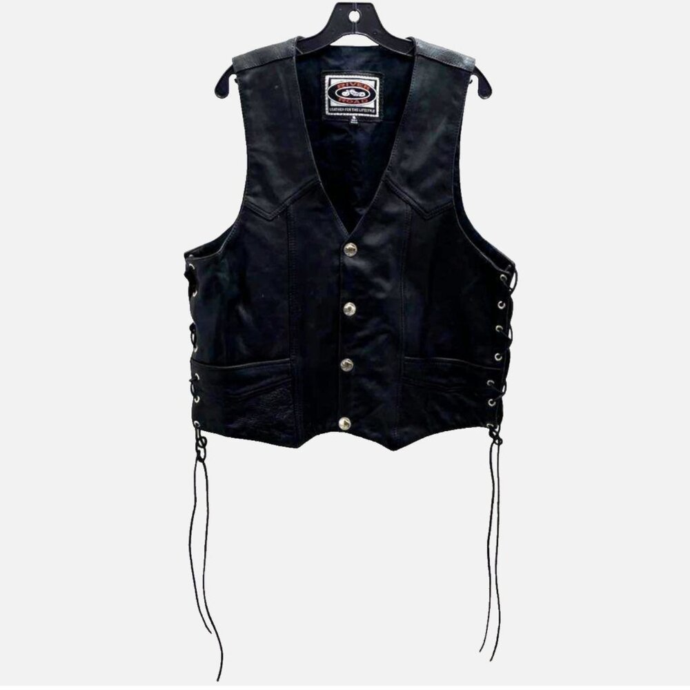 RIVER ROAD Men XL Black LEATHER Riding BIKER VEST Buffalo Nickel Button Lace Up